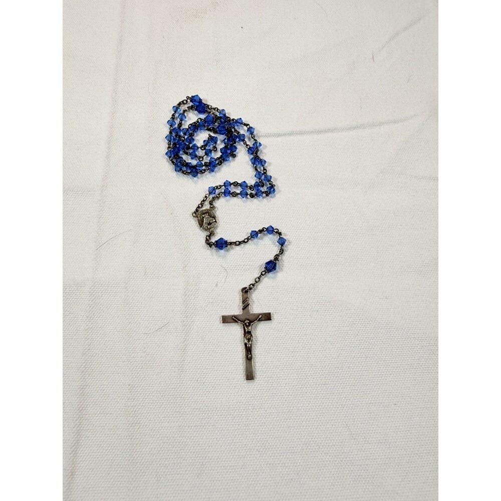Vintage Sterling Silver Blue Crystal Bead Rosary Necklace Sacred Heart Crucifix